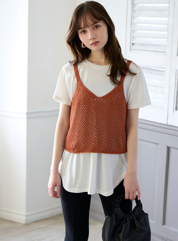 透かし編みニットキャミソールXTシャツセットアップ
