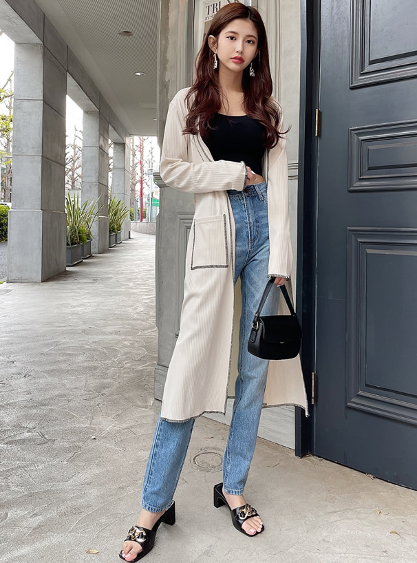 リボンベルト付き配色ステッチロングカーディガン Mei27 レディースファッション通販のグレイル Grl 公式