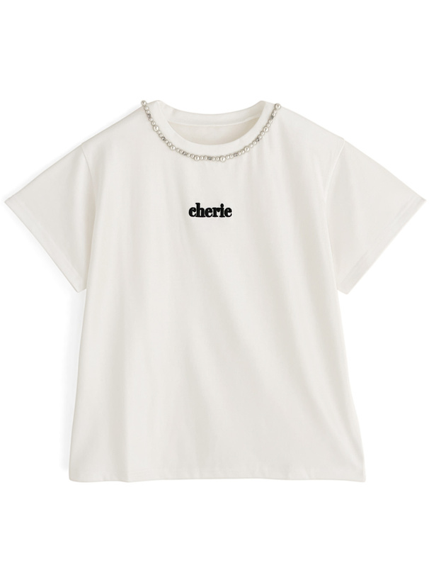 ロゴ刺繍パールビジューネックTシャツ[mf003] | レディース