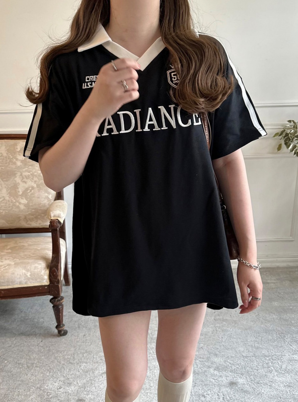襟付きスポーツロゴ刺繍ラインTシャツ