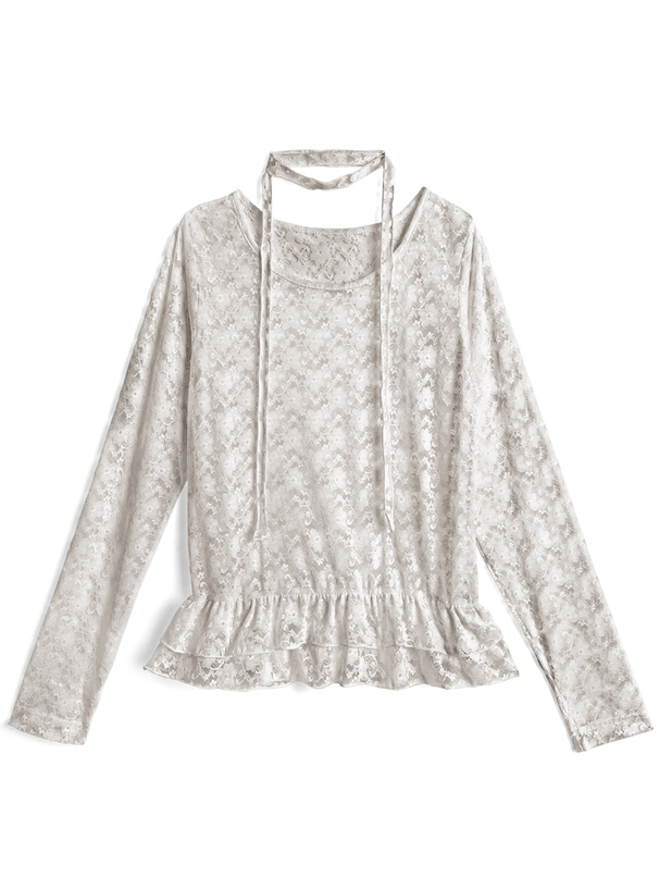 チョーカー付き花柄レースフリルトップス