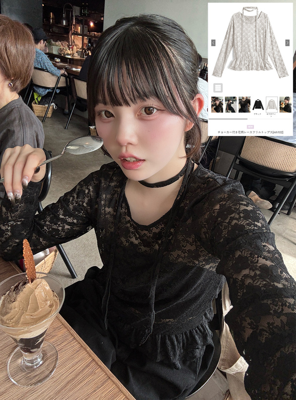 チョーカー付き花柄レースフリルトップス