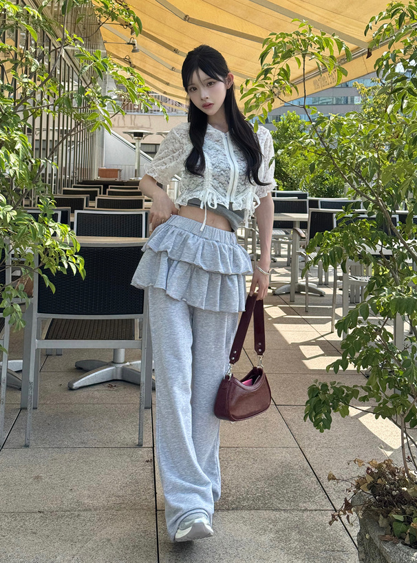 A0901 ルルレモン サイズ6 グレー系 花柄 フラワー トップス 花柄レースフリルドロストパーカー[mh103] | レディースファッション