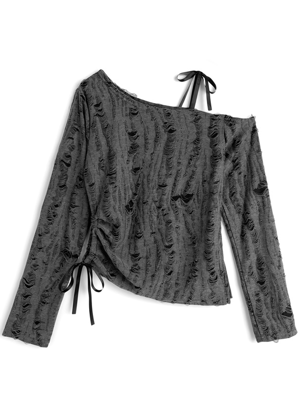 ドロストワンショルダーリボンダメージトップス[mh105]