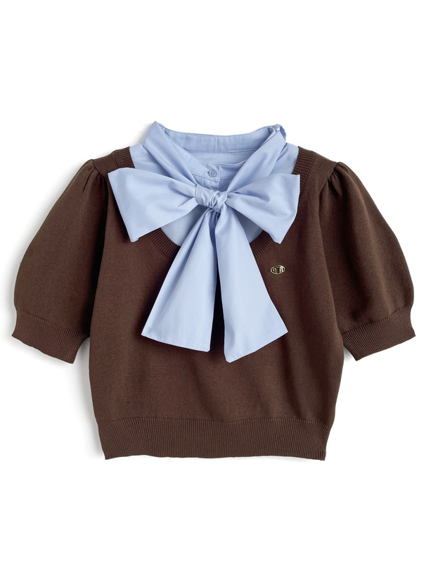 ボウタイシャツドッキングニットトップス