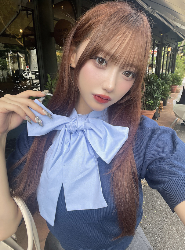 ボウタイシャツドッキングニットトップス