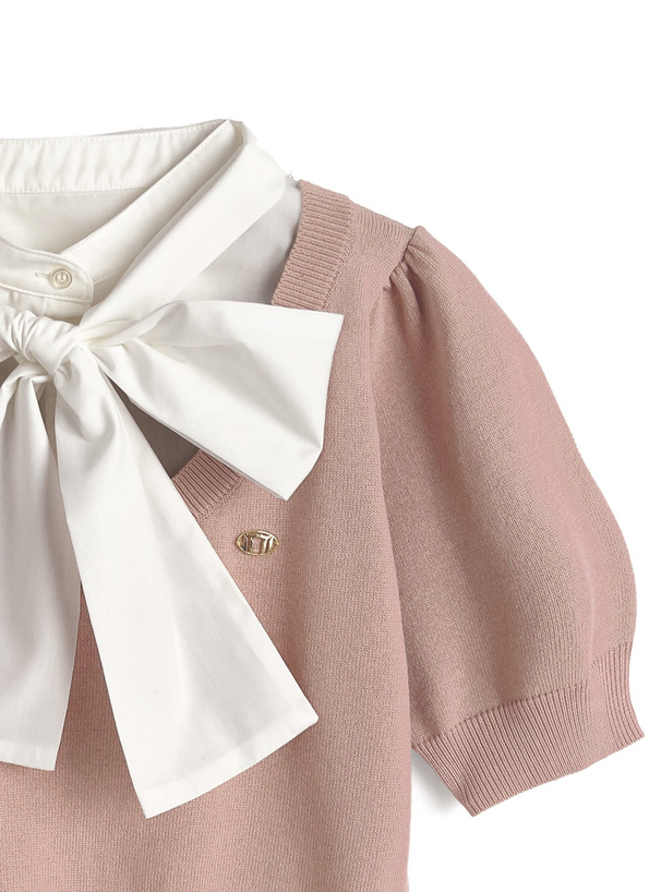 ボウタイシャツドッキングニットトップス