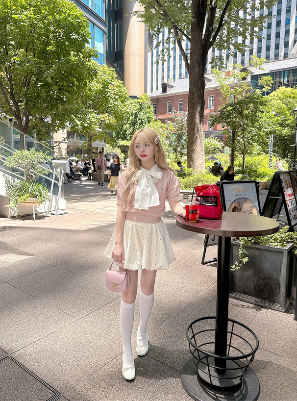 ボウタイシャツドッキングニットトップス