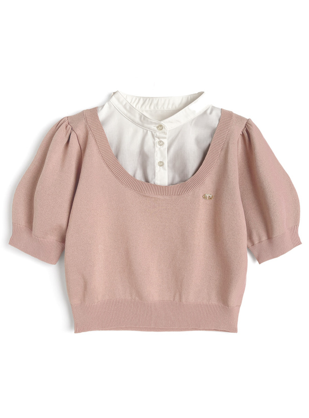 ボウタイシャツドッキングニットトップス