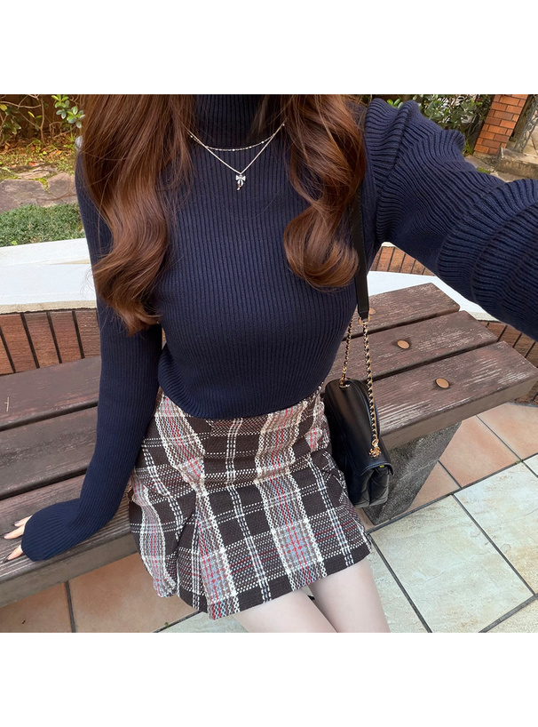 ボトルネックリブニットトップス