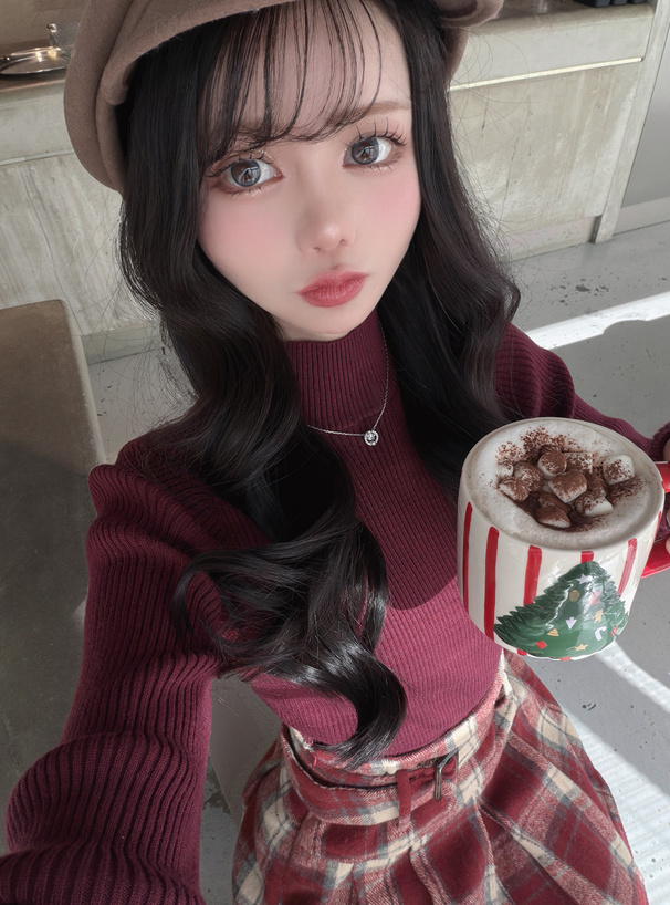 ボトルネックリブニットトップス