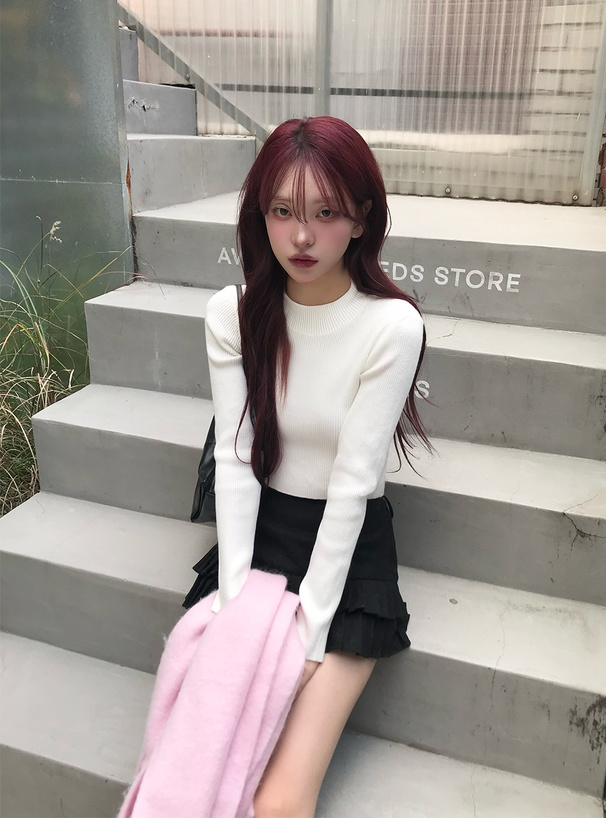 ボトルネックリブニットトップス