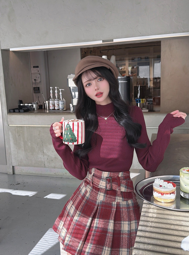 ボトルネックリブニットトップス