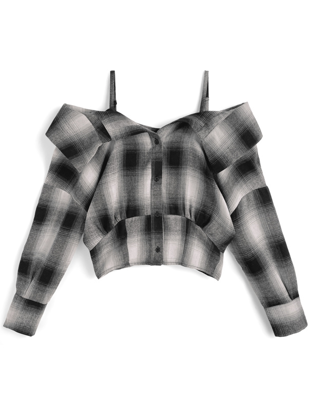 チェック柄オフショルダーシャツ