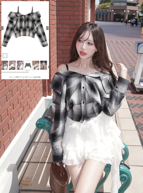 チェック柄オフショルダーシャツ