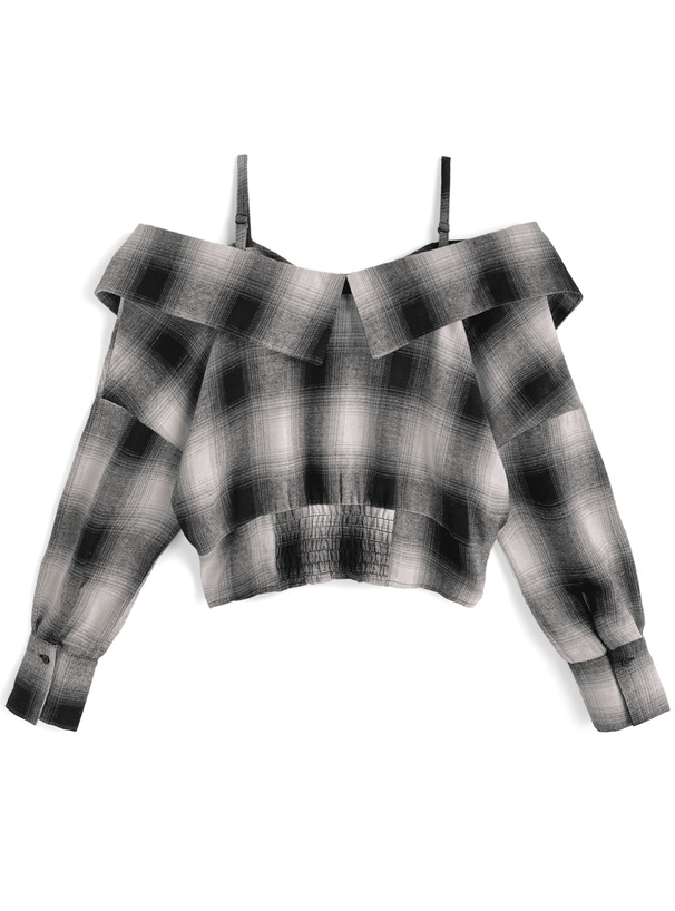 チェック柄オフショルダーシャツ