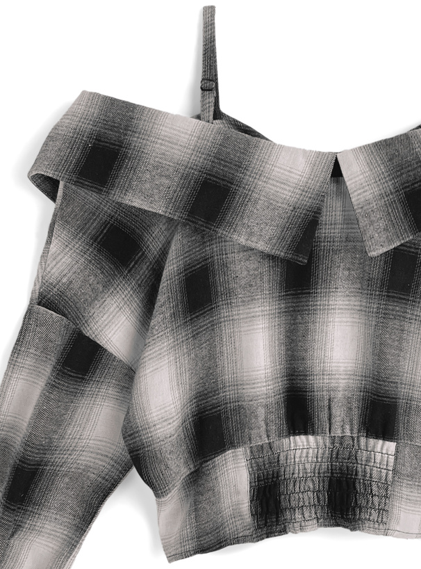 チェック柄オフショルダーシャツ