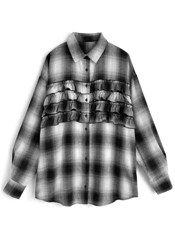 チェック柄フリルオーバーサイズシャツ[mh110]