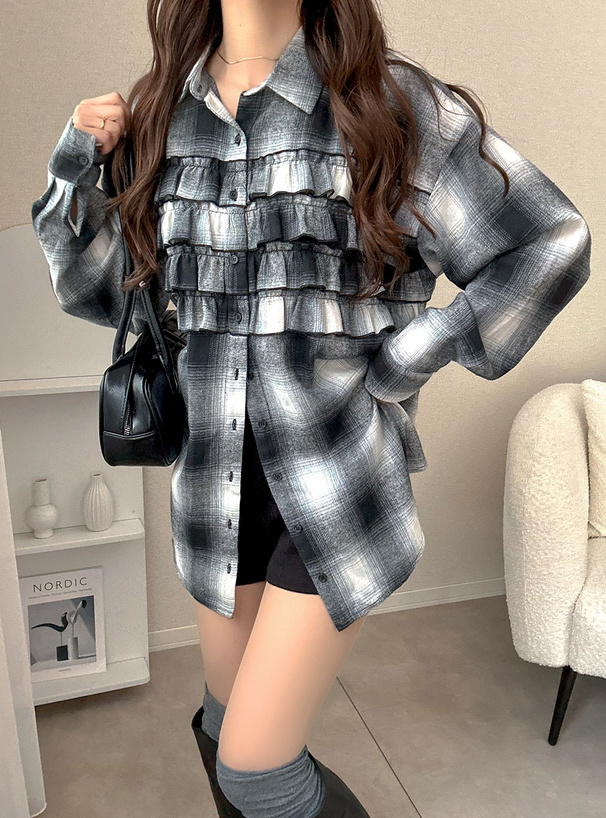 チェック柄フリルオーバーサイズシャツ[mh110] | レディース