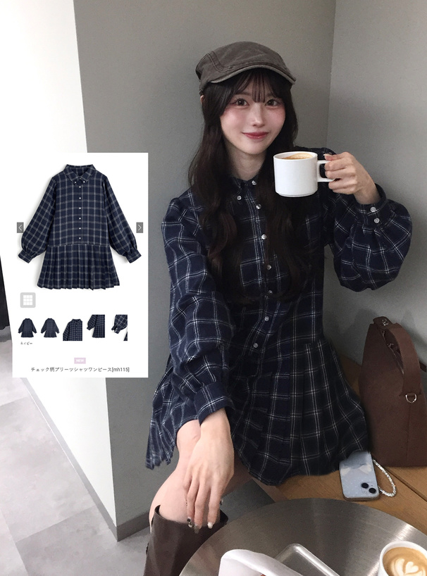 チェック柄プリーツシャツワンピース