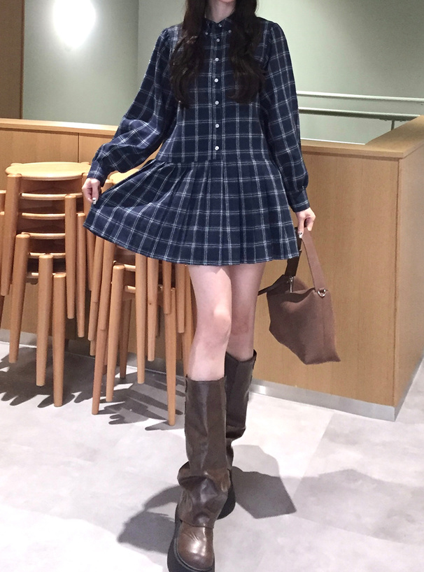 チェック柄プリーツシャツワンピース