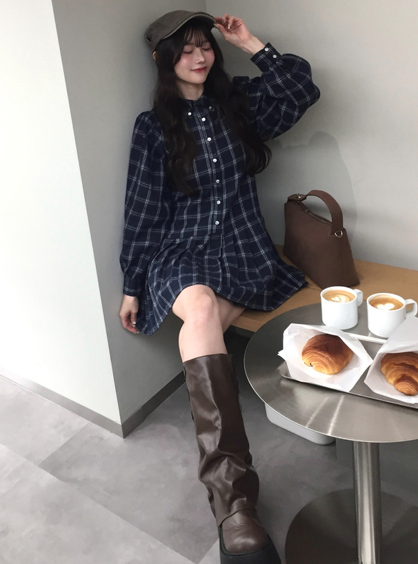 チェック柄プリーツシャツワンピース