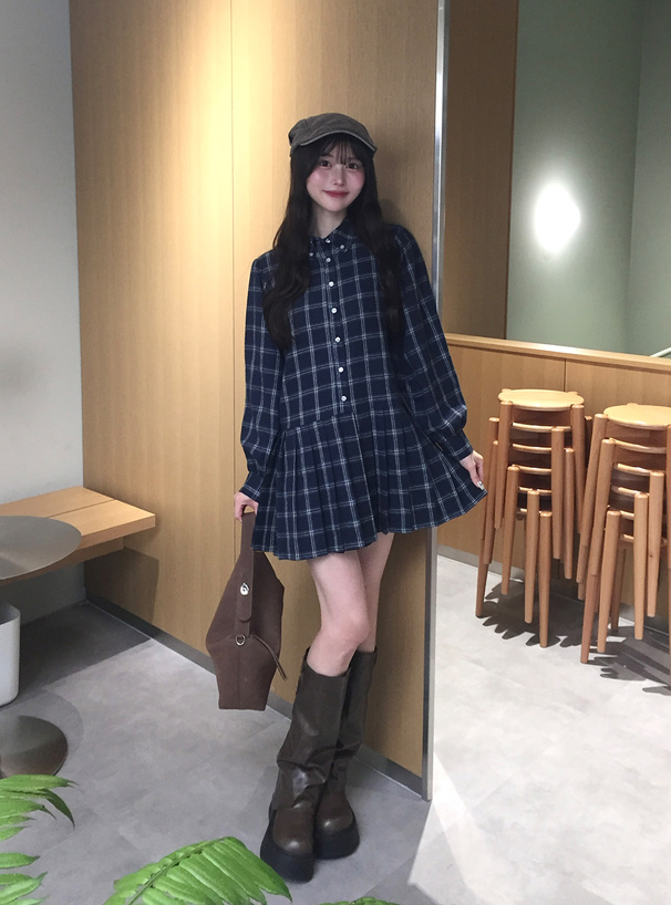 チェック柄プリーツシャツワンピース