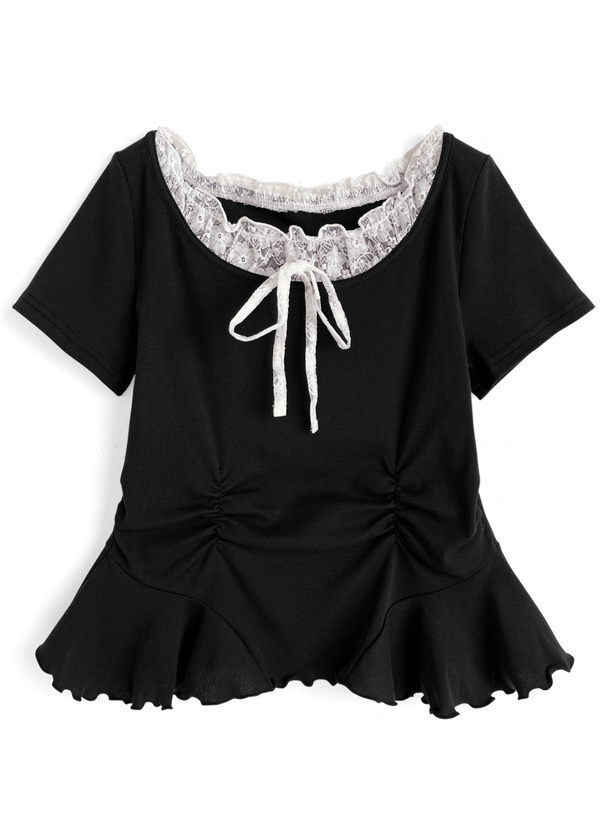 レースレイヤード風メロウフリル切替トップス