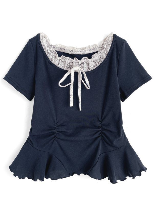 レースレイヤード風メロウフリル切替トップス