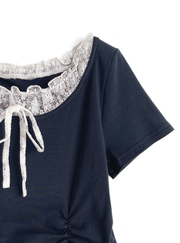 レースレイヤード風メロウフリル切替トップス