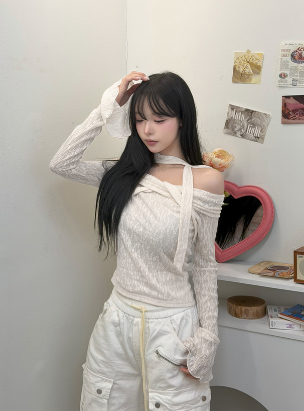 タイ付きツイストオフショルダーレーストップス