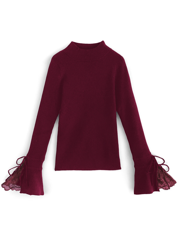 レーススリーブリボンリブニットトップス