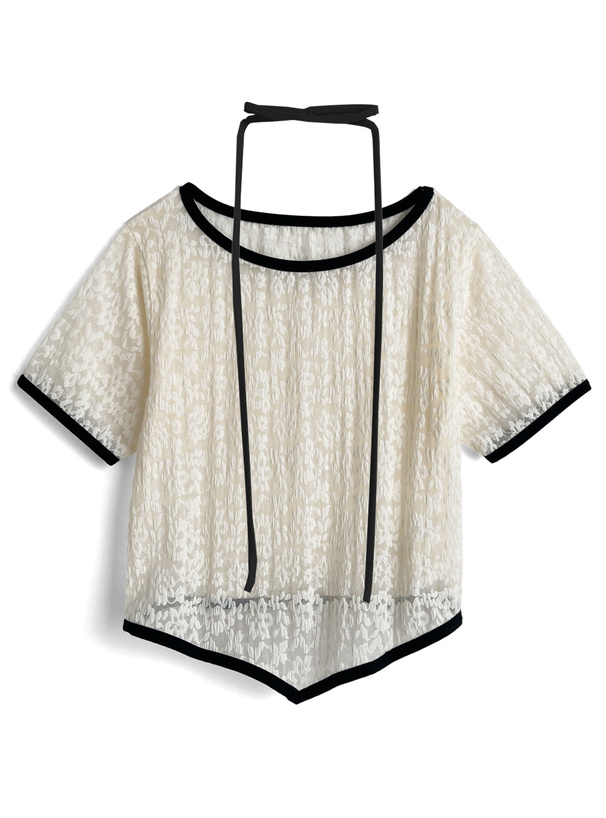 チョーカー付きレース配色トップス