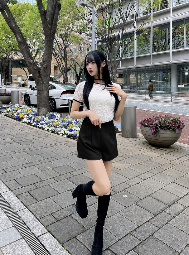 チョーカー付きレース配色トップス