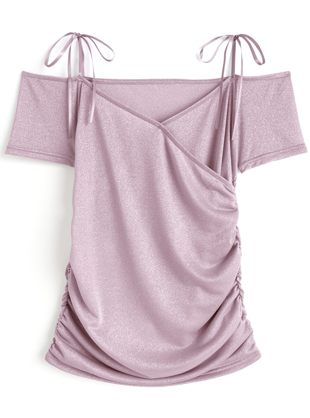 リボンショルダーラメカシュクールトップス