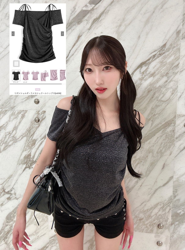 リボンショルダーラメカシュクールトップス