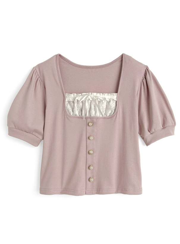 レイヤード風パールボタン半袖トップス