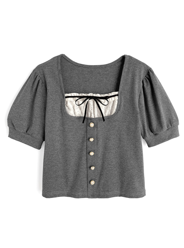 レイヤード風パールボタン半袖トップス