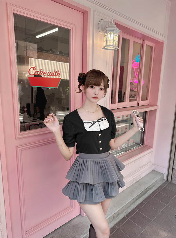 レイヤード風パールボタン半袖トップス[mh98] | レディース