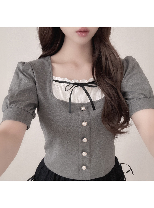 レイヤード風パールボタン半袖トップス