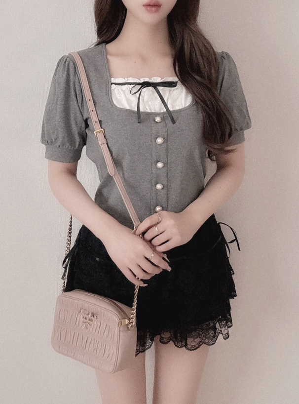 レイヤード風パールボタン半袖トップス[mh98] | レディース