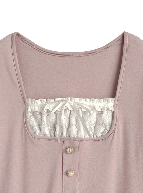 レイヤード風パールボタン半袖トップス