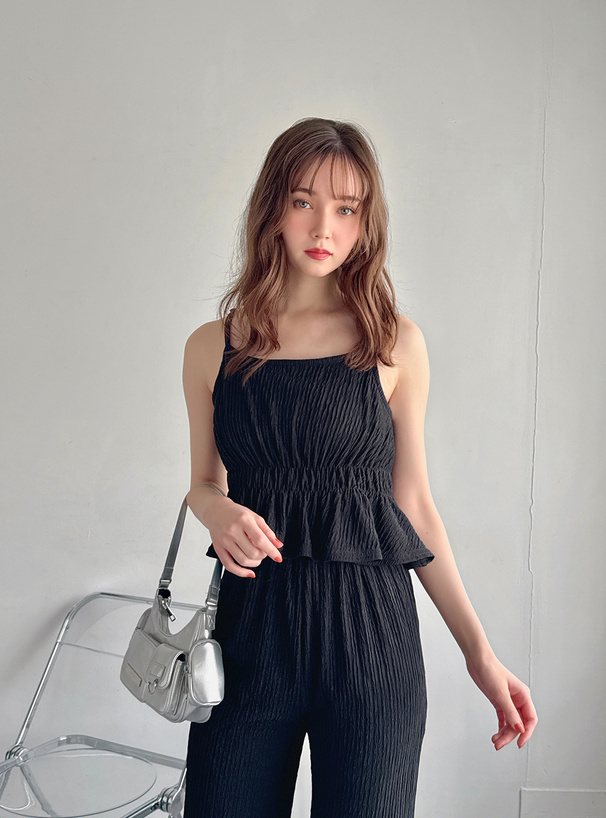 ペプラムキャミトップス×ワイドパンツセットアップ