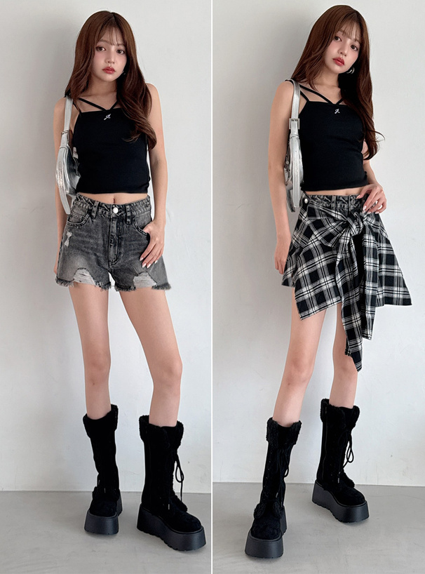 2Wayチェック柄シャツ巻き風デニムショートパンツ[nh201
