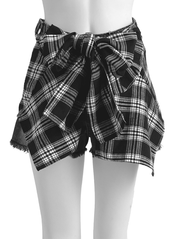 2Wayチェック柄シャツ巻き風デニムショートパンツ[nh201