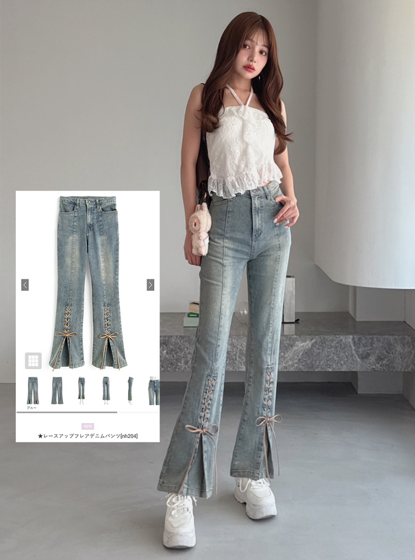 レースアップフレアデニムパンツ[nh204] | レディースファッション通販