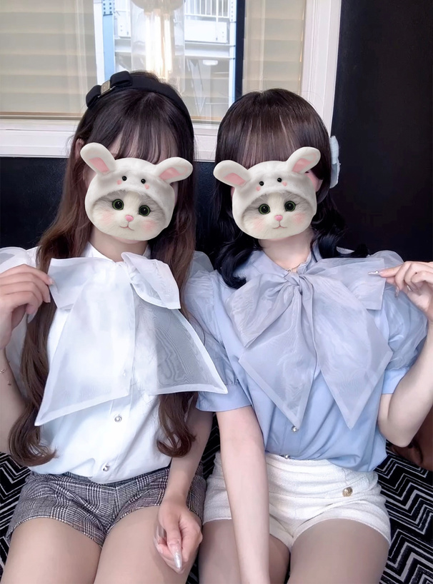 オーガンジーボウタイパフスリーブブラウス