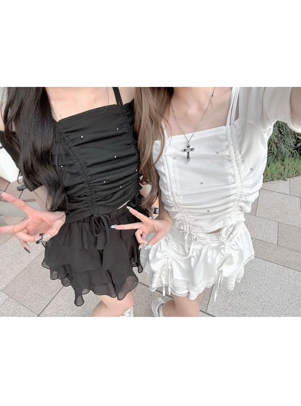 オフショルダーメタルボールドロストリブトップス