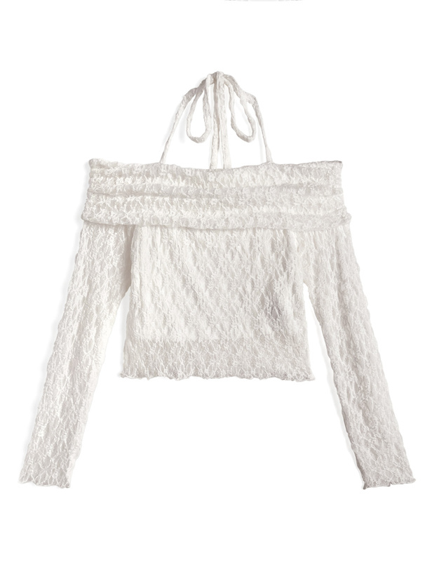 ホルターネックレースオフショルダートップス