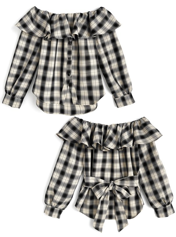 チェック柄バックリボンオフショルダートップス[nr385]